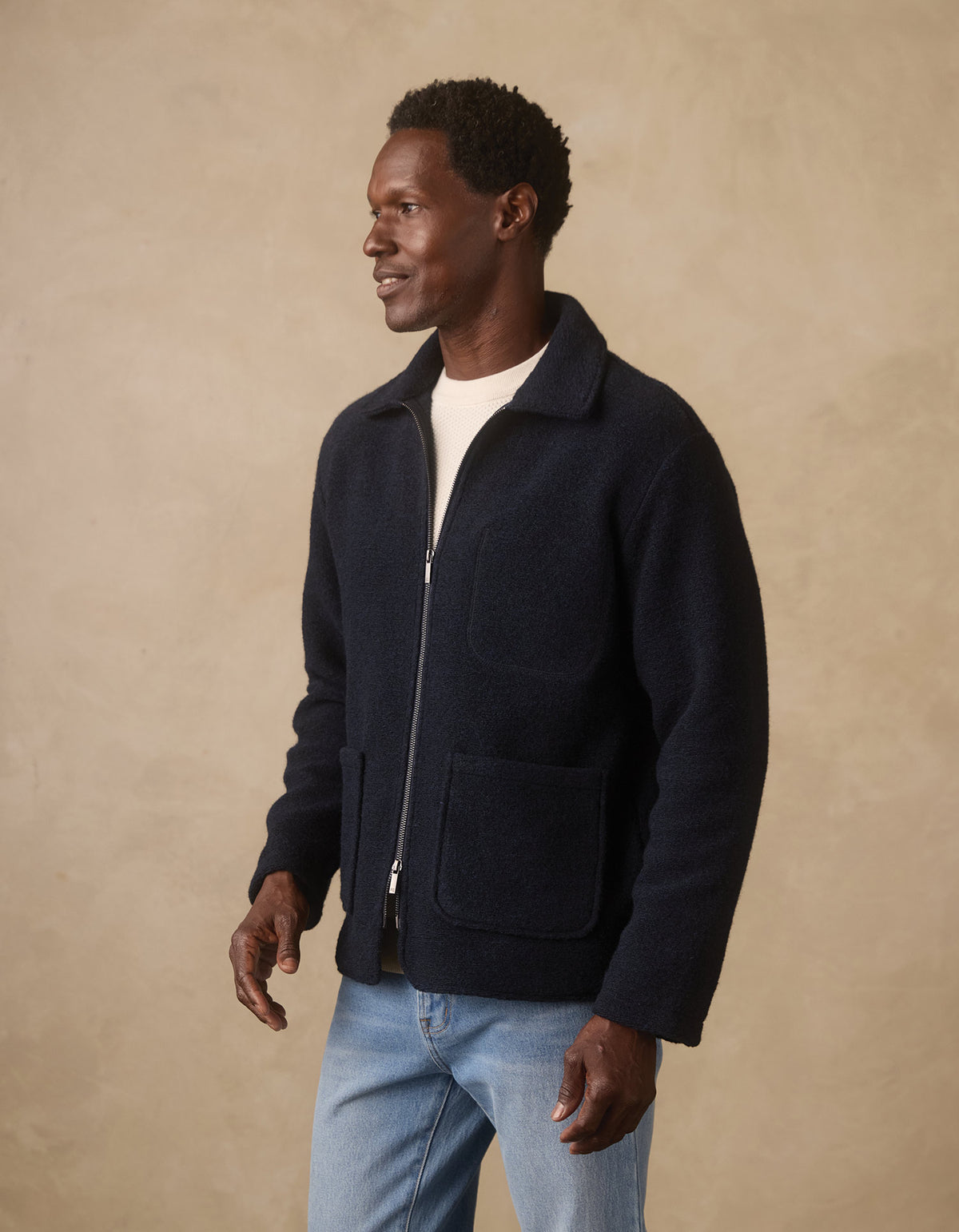Brushed Knit Boucle Jacket in Navy
