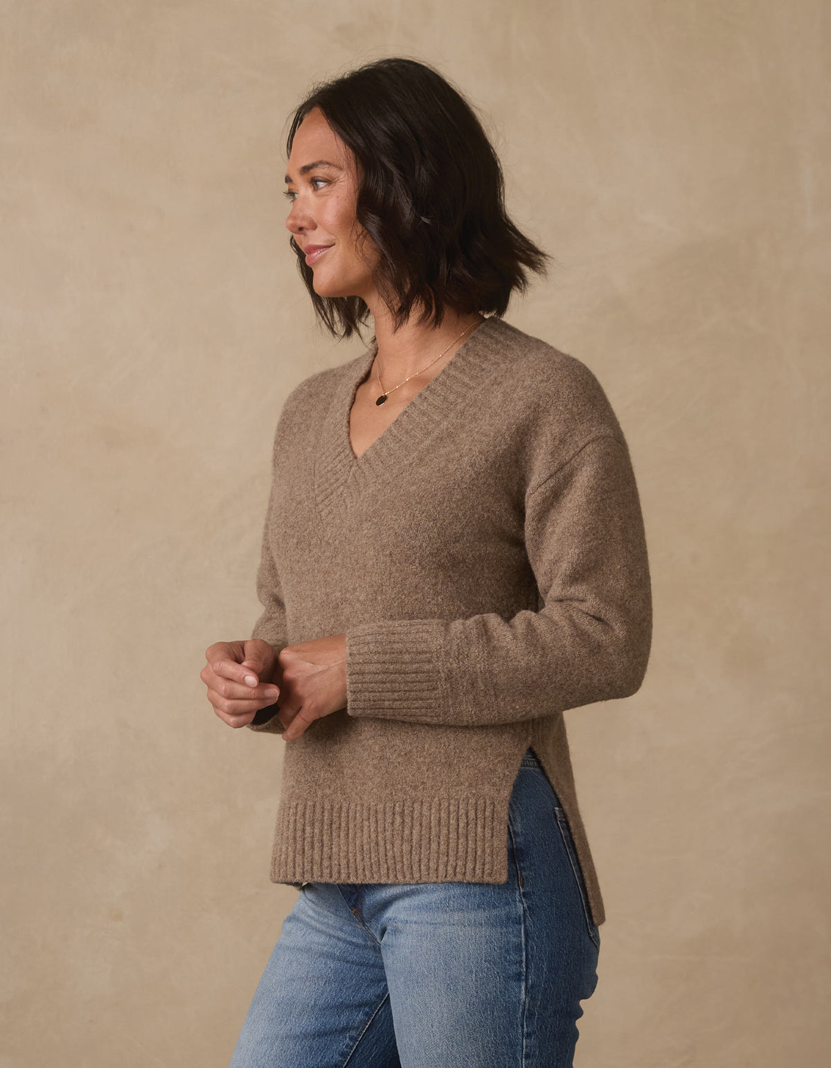 Homebound V-Neck Sweater in Toasted Chestnut — side view on model