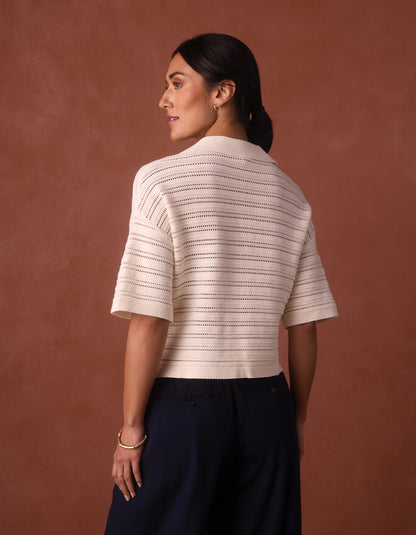 Emma Openwork Short Sleeve Polo in Cream