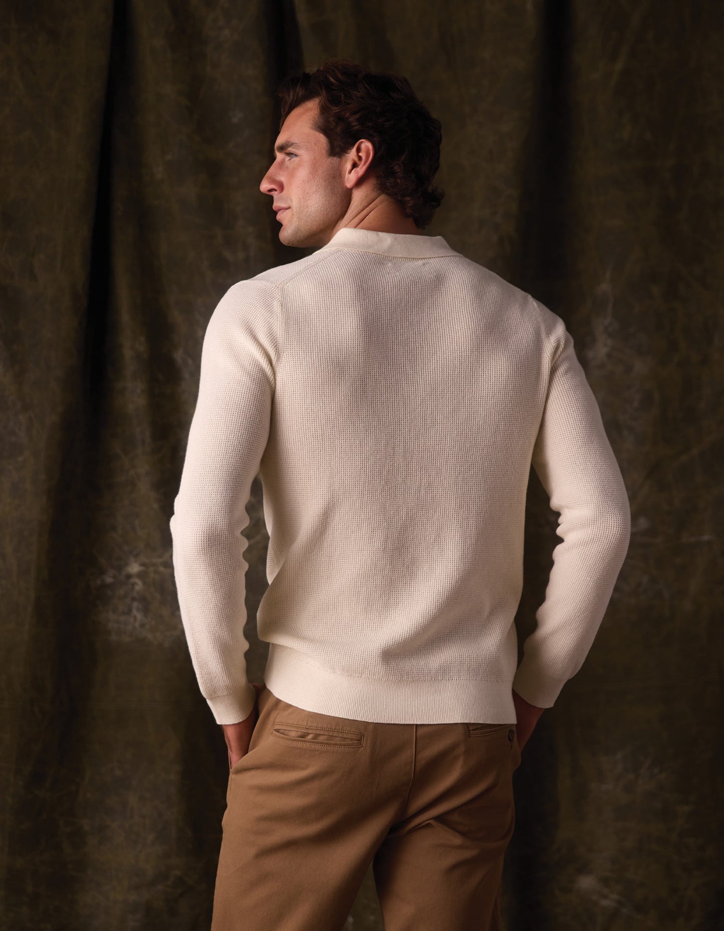 Robles Knit Waffle Stitch Polo in Cream