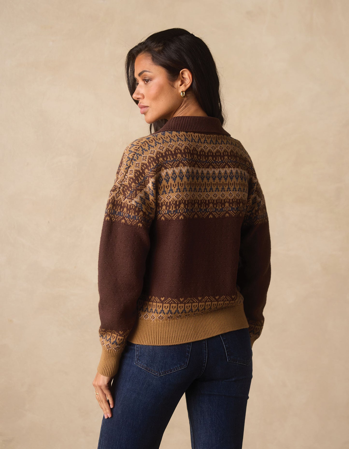 Fair Isle Polo Sweater in Brown Multi