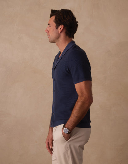 Robles Birdseye Knit Camp Button Up in Denim/Dark Navy