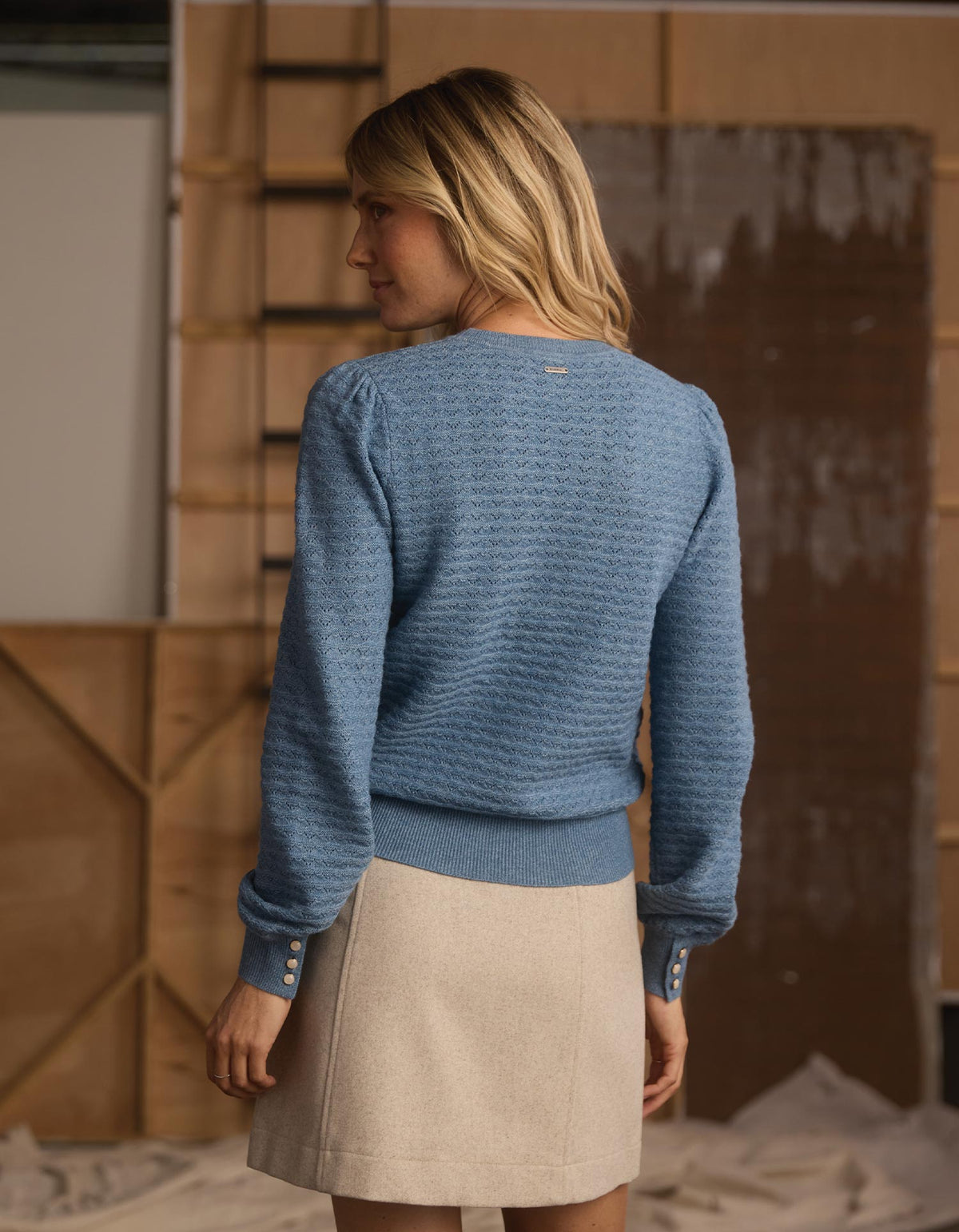 Olivia Pointelle Crew Sweater in Mineral Blue