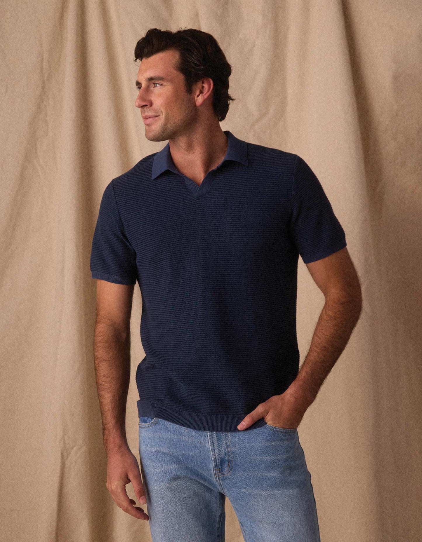 Robles Birdseye Knit Polo in Denim/Dark Navy