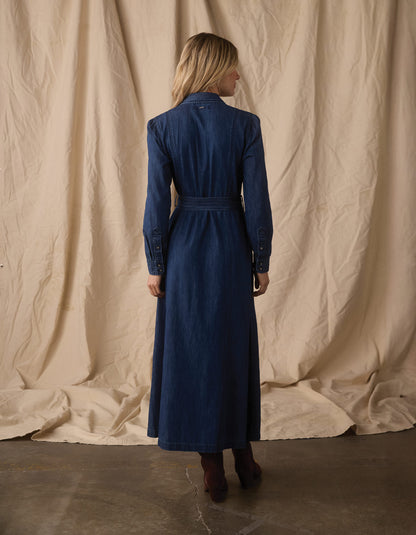 Cotton Denim Shirt Dress in Dark Wash