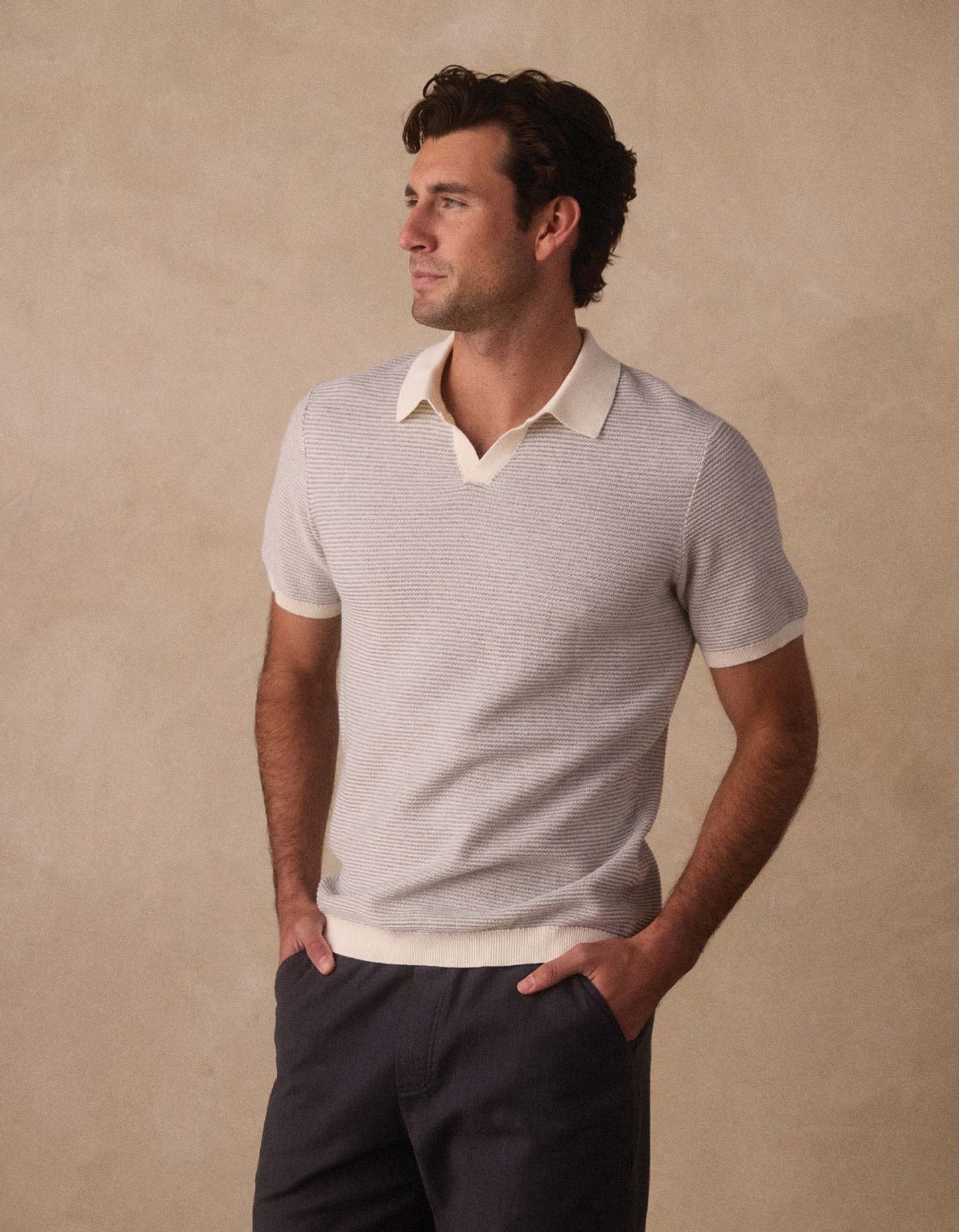 Robles Birdseye Knit Polo in Cream/Grey