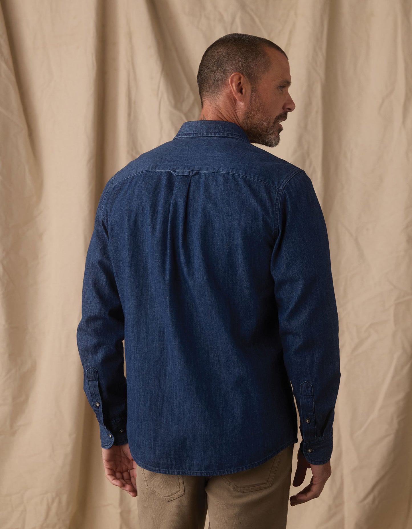 Cotton Denim Long Sleeve Button Up in Dark Wash