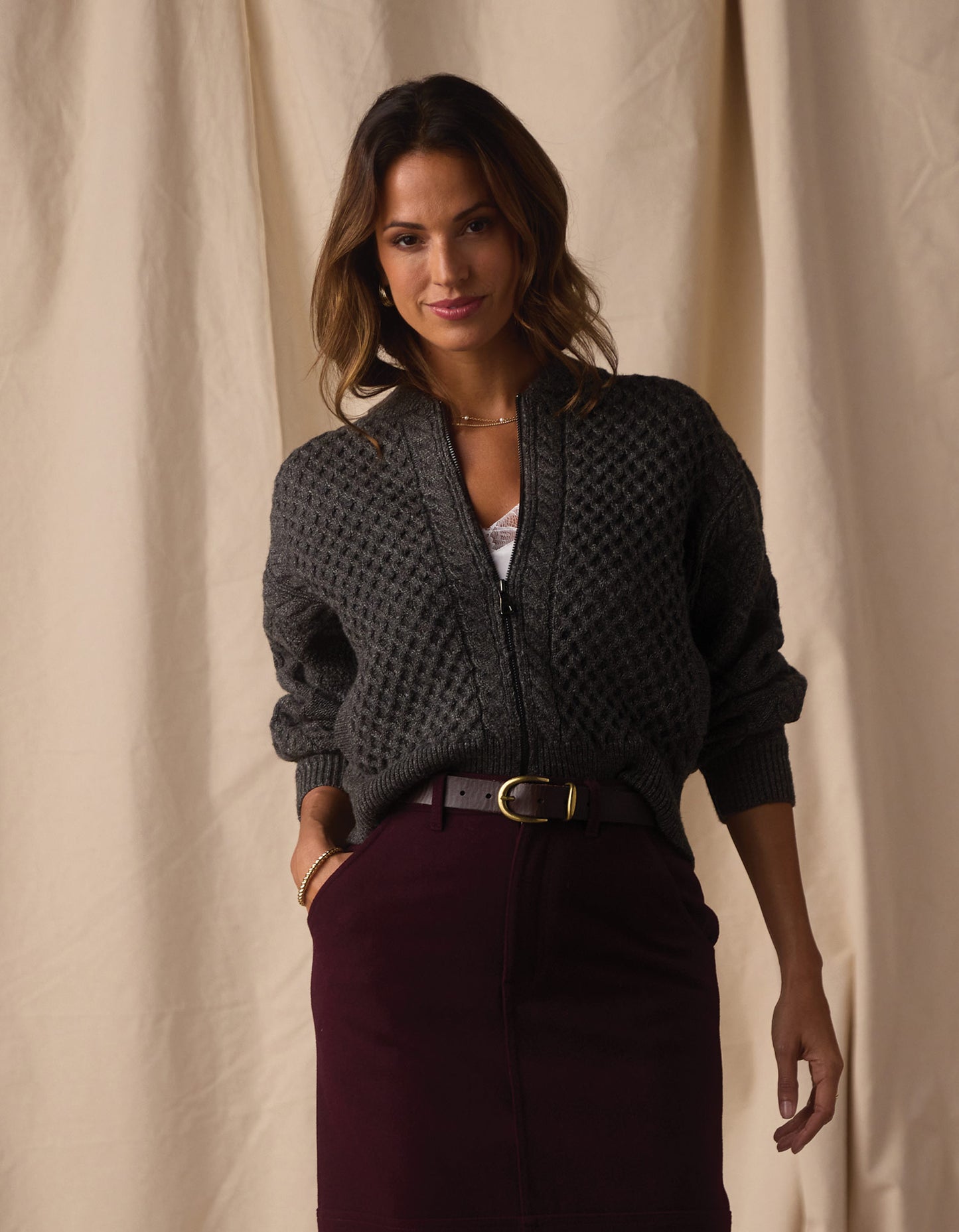 Mixed Cableknit Bomber in Charcoal