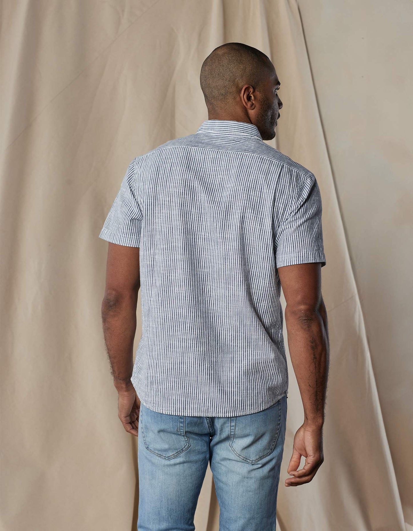 Lived-In Cotton Popover in Navy Railroad Stripe