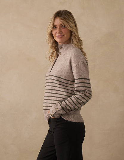 Marianna Button Popover Sweater in Oat/Olive Stripe