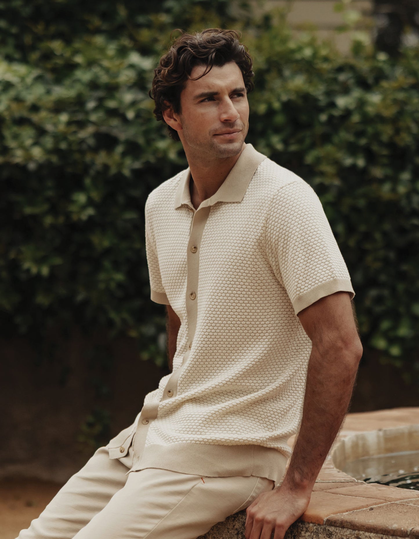 Robles Knit Jacquard Button Up in Ivory/Khaki