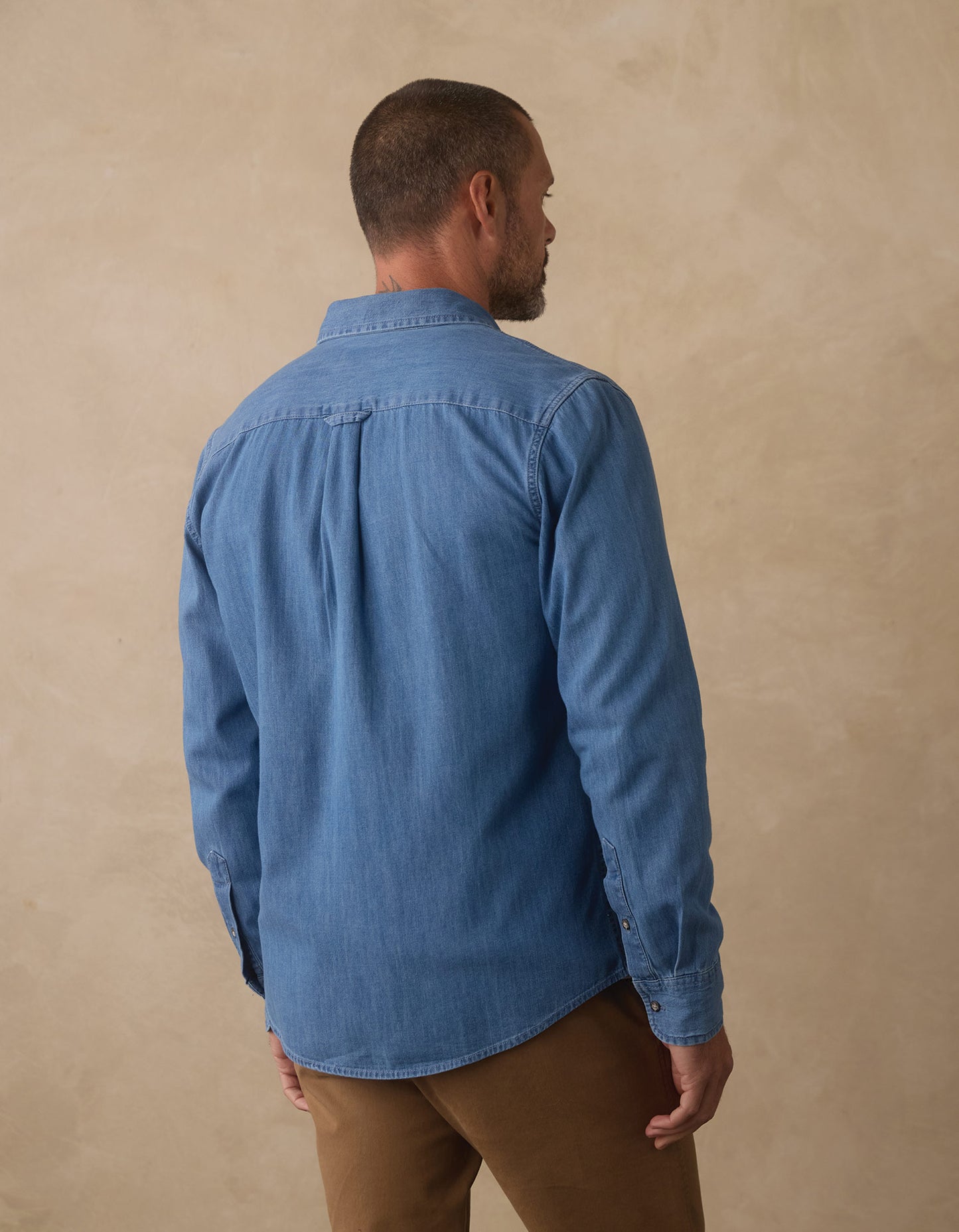 Cotton Denim Long Sleeve Button Up in Medium Wash