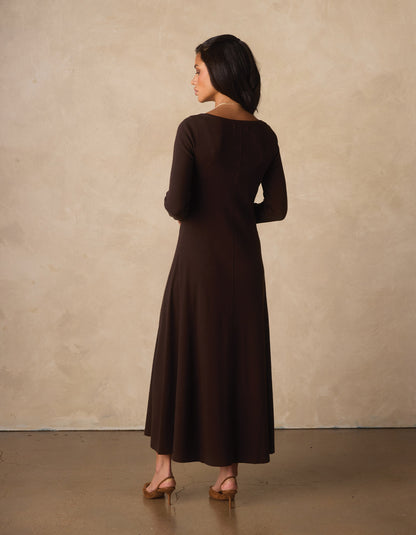 Normal Rib Long Sleeve Dress in Dark Brown
