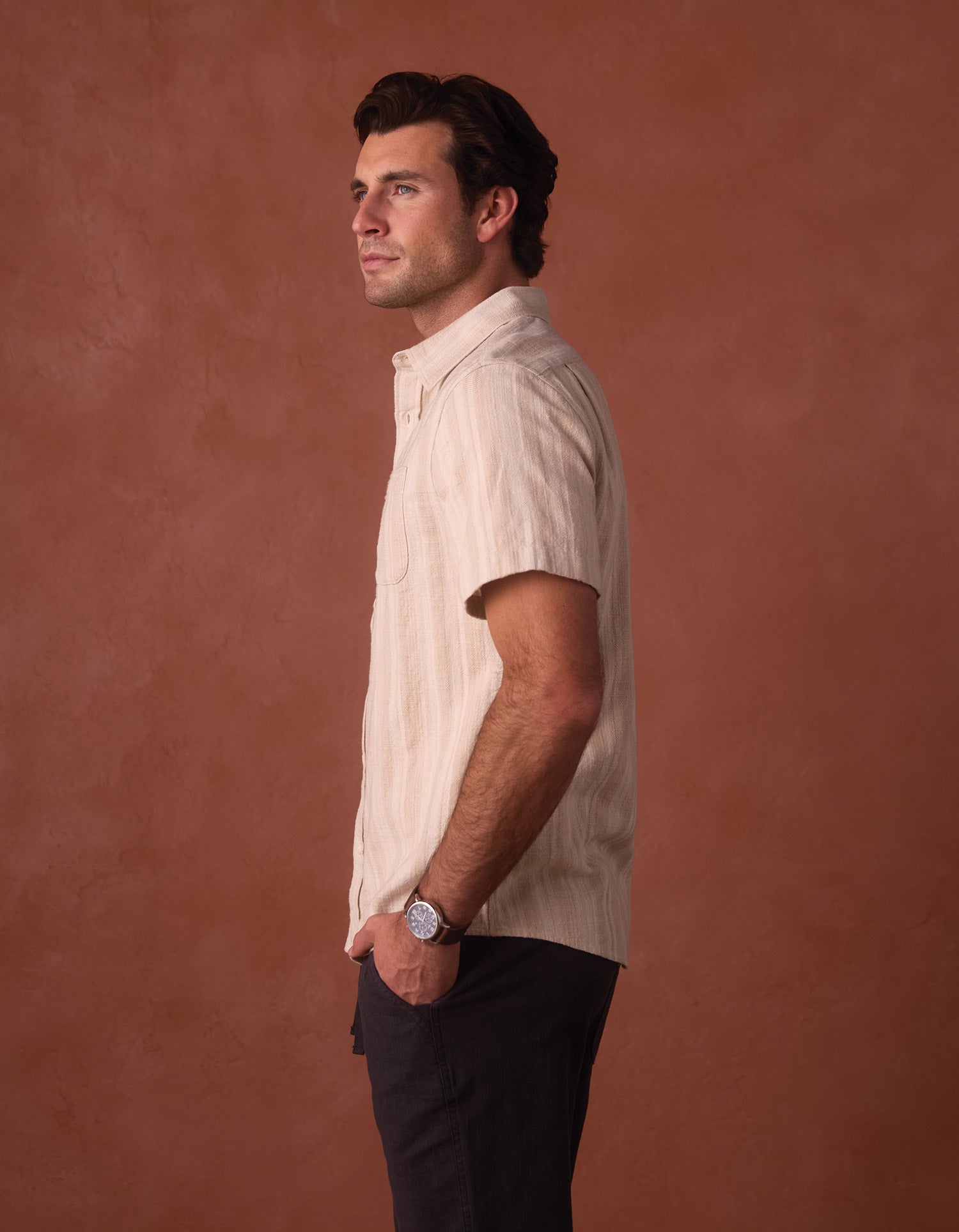 Freshwater Short Sleeve Button Up Shirt in Sandstone Stripe XL