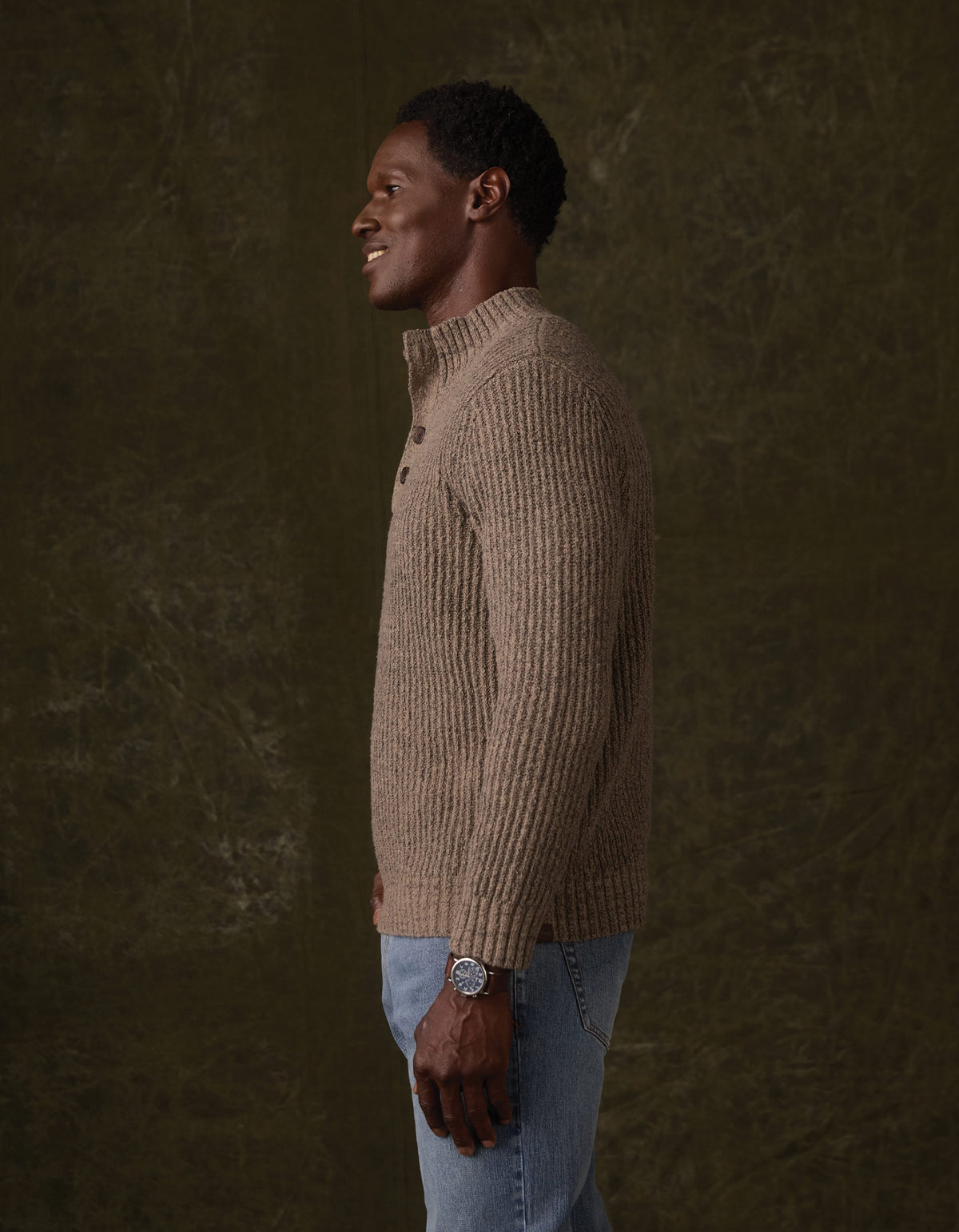 Boucle Popover Sweater in Taupe - model side view
