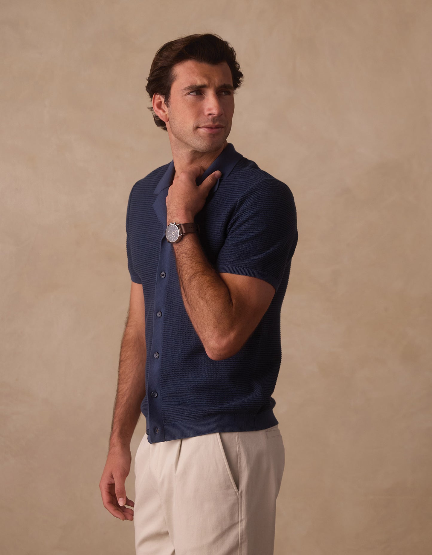Robles Birdseye Knit Camp Button Up in Denim/Dark Navy