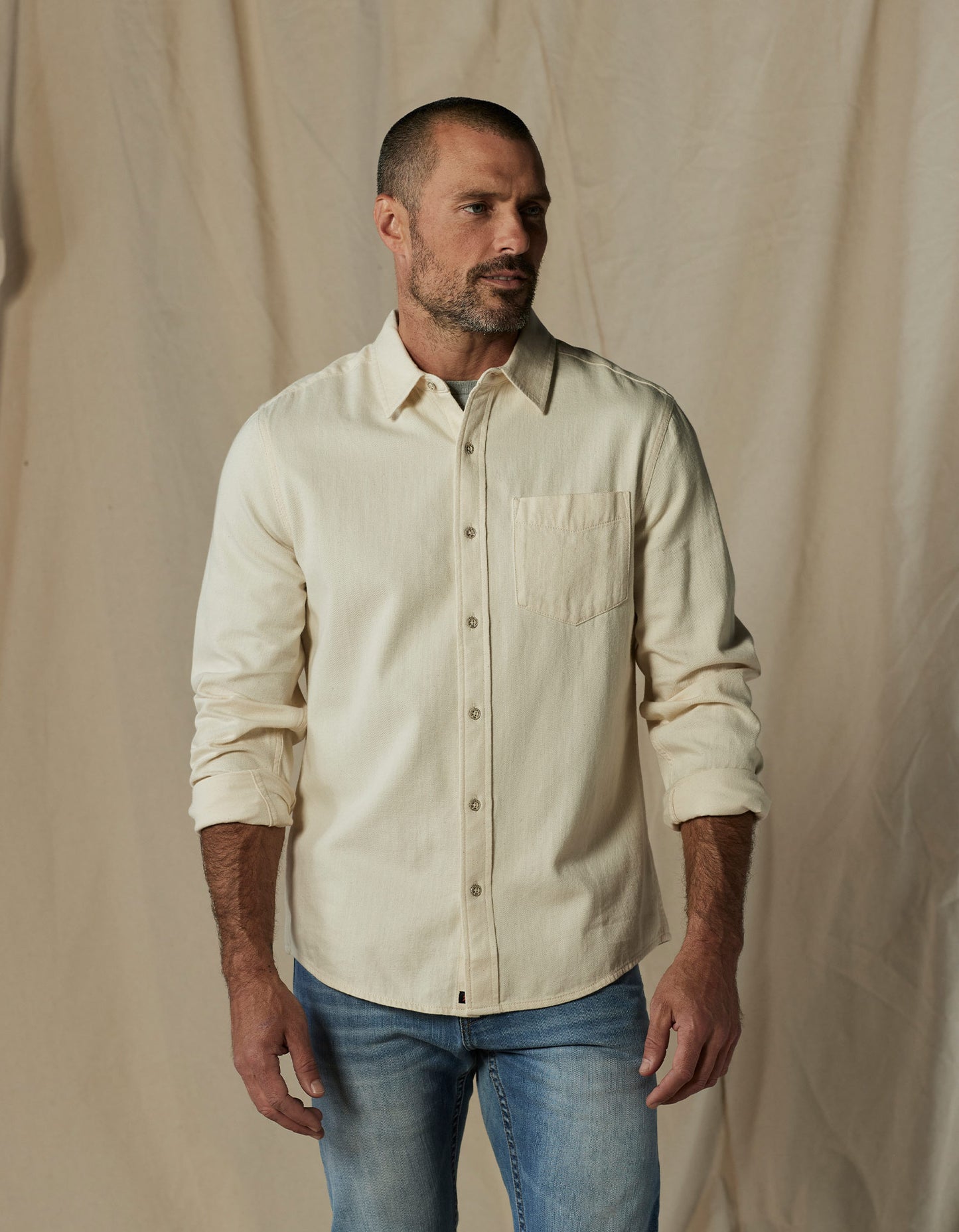 Cotton Denim Long Sleeve Button Up in Ecru