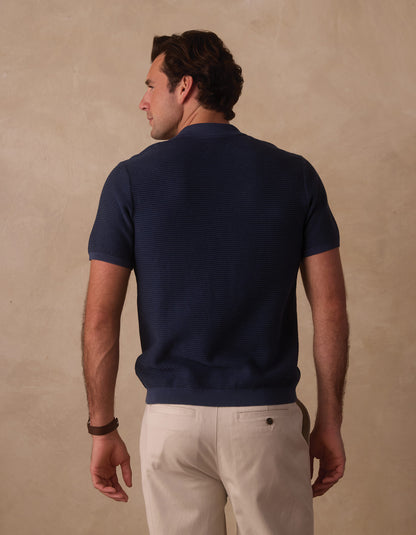 Robles Birdseye Knit Camp Button Up in Denim/Dark Navy