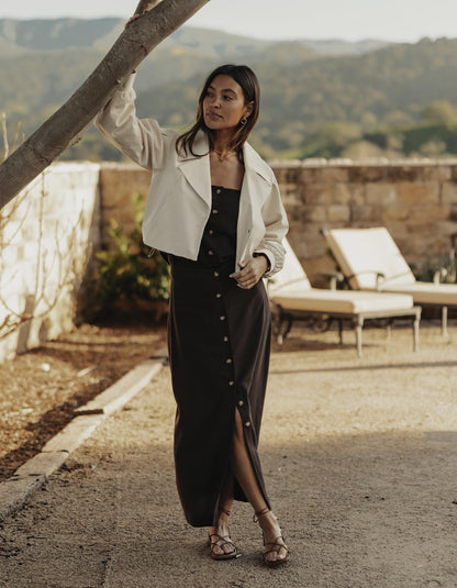 Leukos Linen-Blend Button Front Skirt in Umber