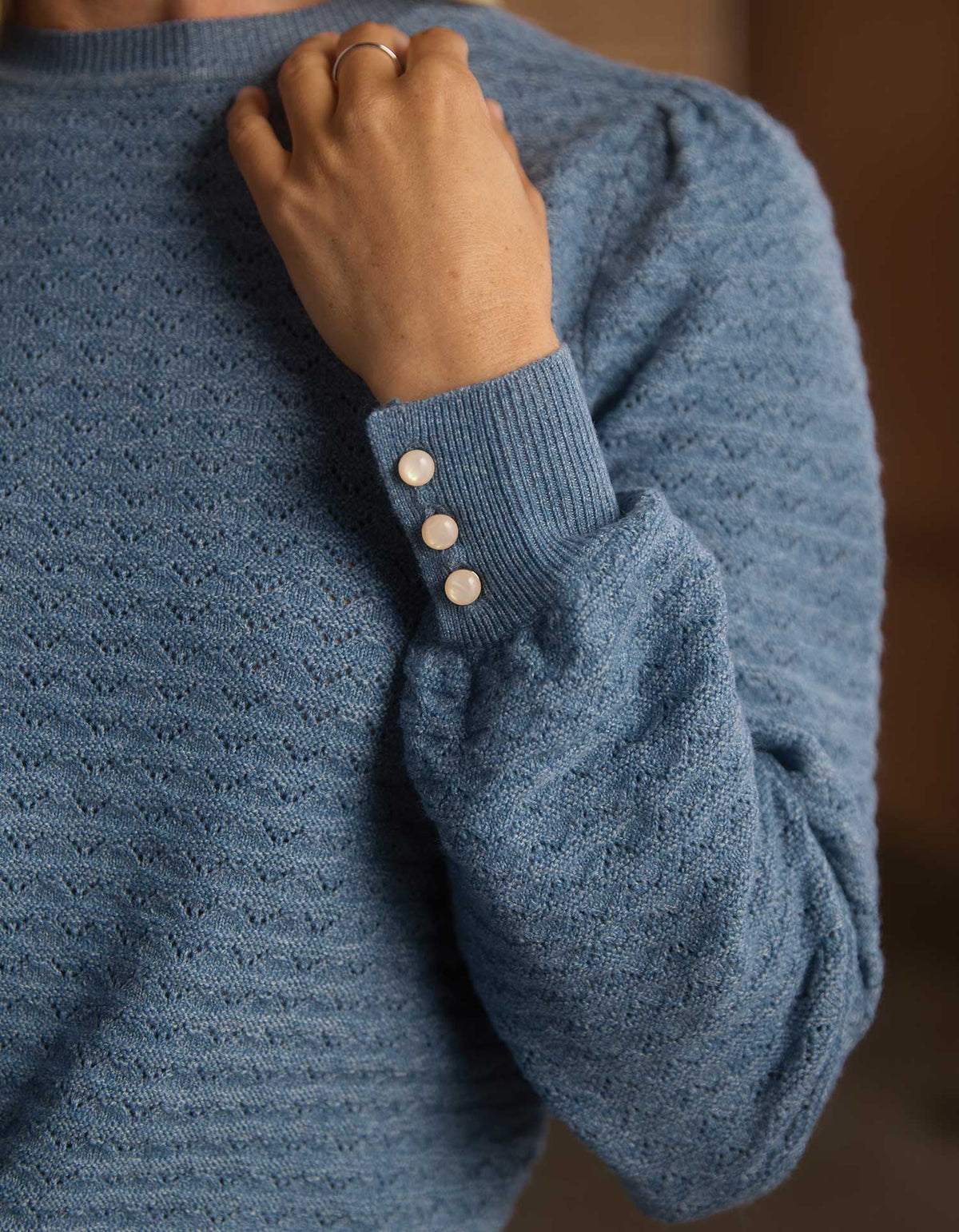 Olivia Pointelle Crew Sweater in Mineral Blue