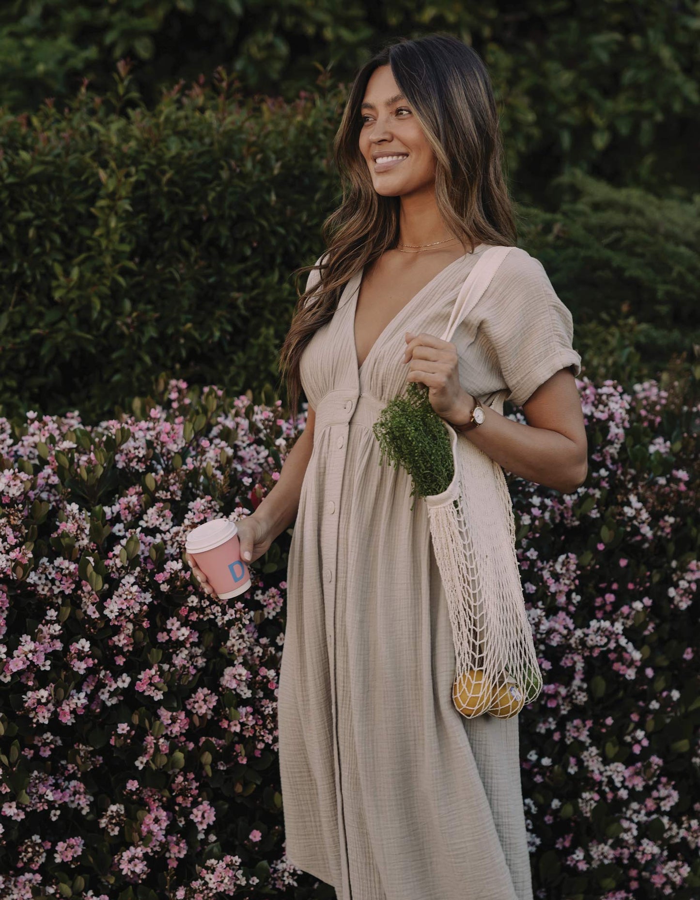 Kalo Gauze Deep V Button Thru Dress  in Pumice