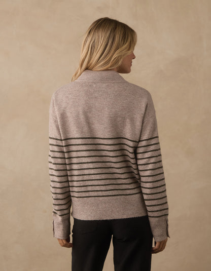 Marianna Button Popover Sweater in Oat/Olive Stripe