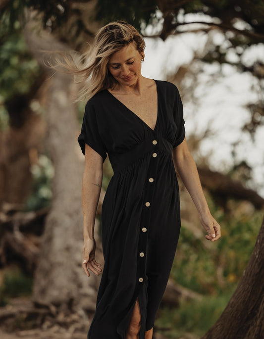 Deep V Button Thru Dress in Black
