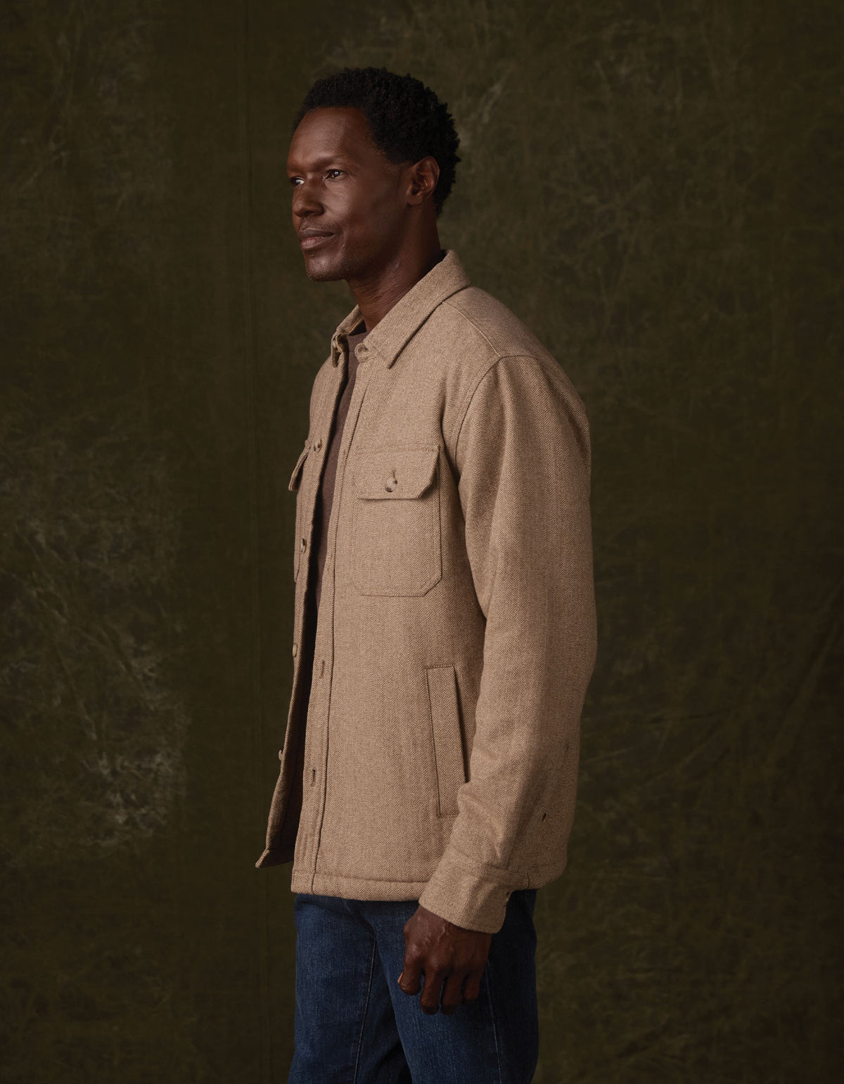 Herringbone Sherpa Lined Jacket in Taupe Herringbone