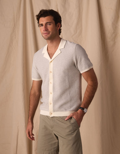 Robles Birdseye Knit Camp Button Up in Cream/Grey