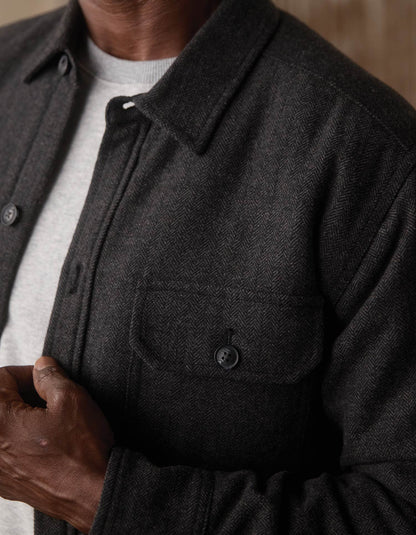 Herringbone Sherpa Lined Jacket in Charcoal Herringbone