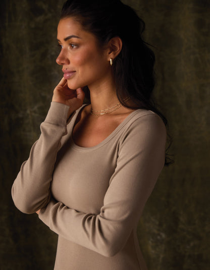 Normal Rib Long Sleeve Dress in Fawn