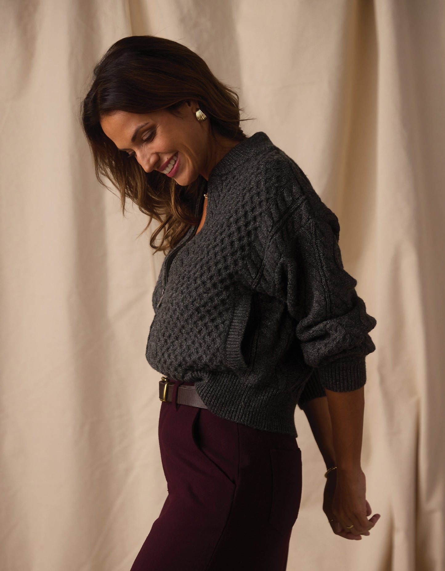 Mixed Cableknit Bomber in Charcoal