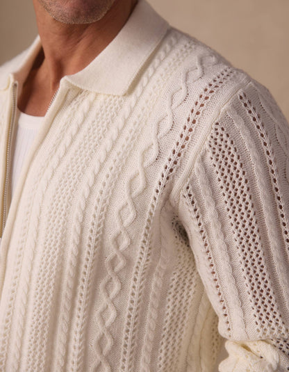 Jacquard Zip Front Cardigan in Ivory