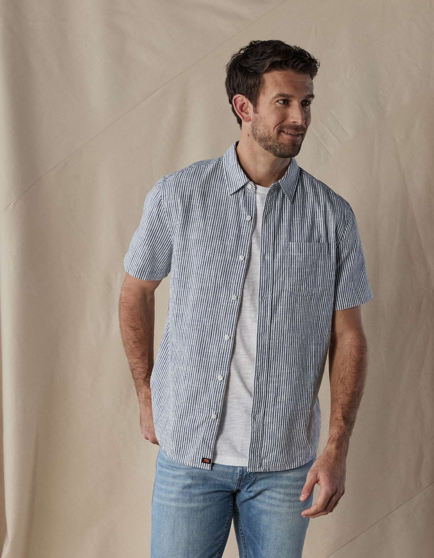 Lived-In Cotton Short Sleeve Button Up in Navy Railroad Stripe