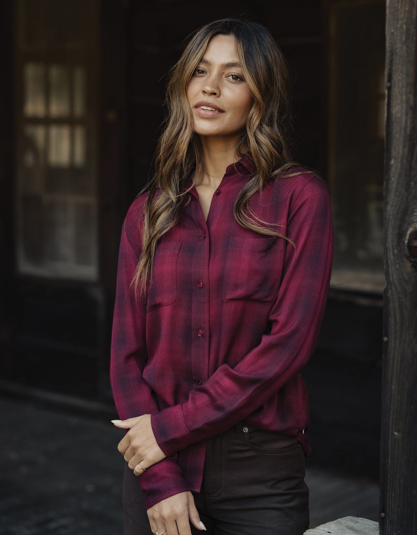 Harper Button Up in Fig Plaid