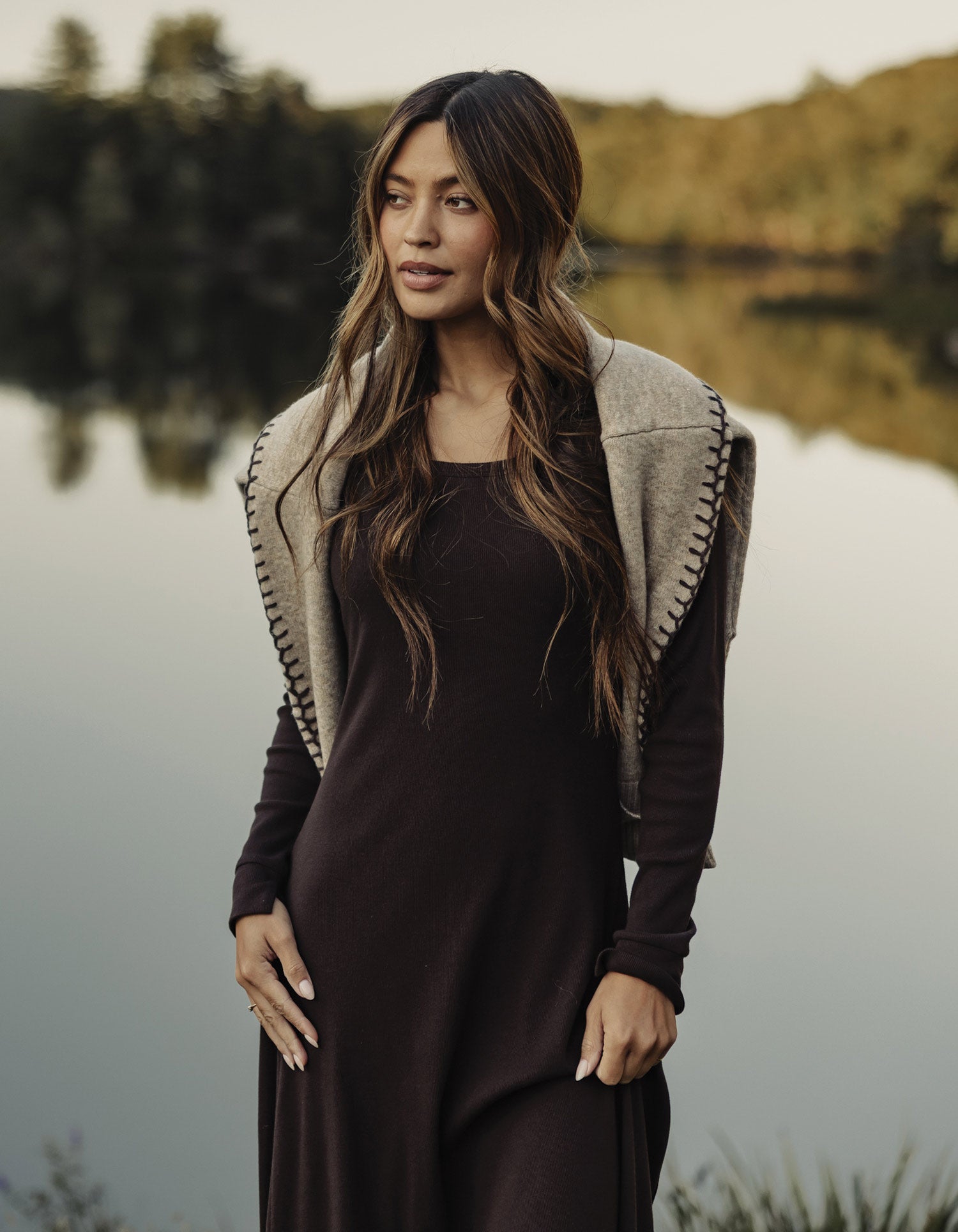 Normal Rib Long Sleeve Dress in Dark Brown S Normal Rib Long Sleeve Dress in Dark Brown S