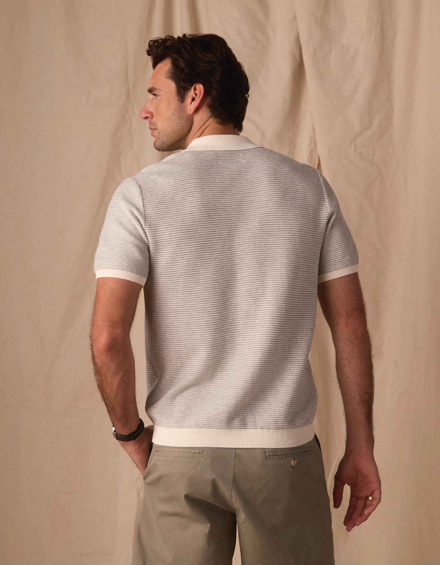 Robles Birdseye Knit Camp Button Up in Cream/Grey