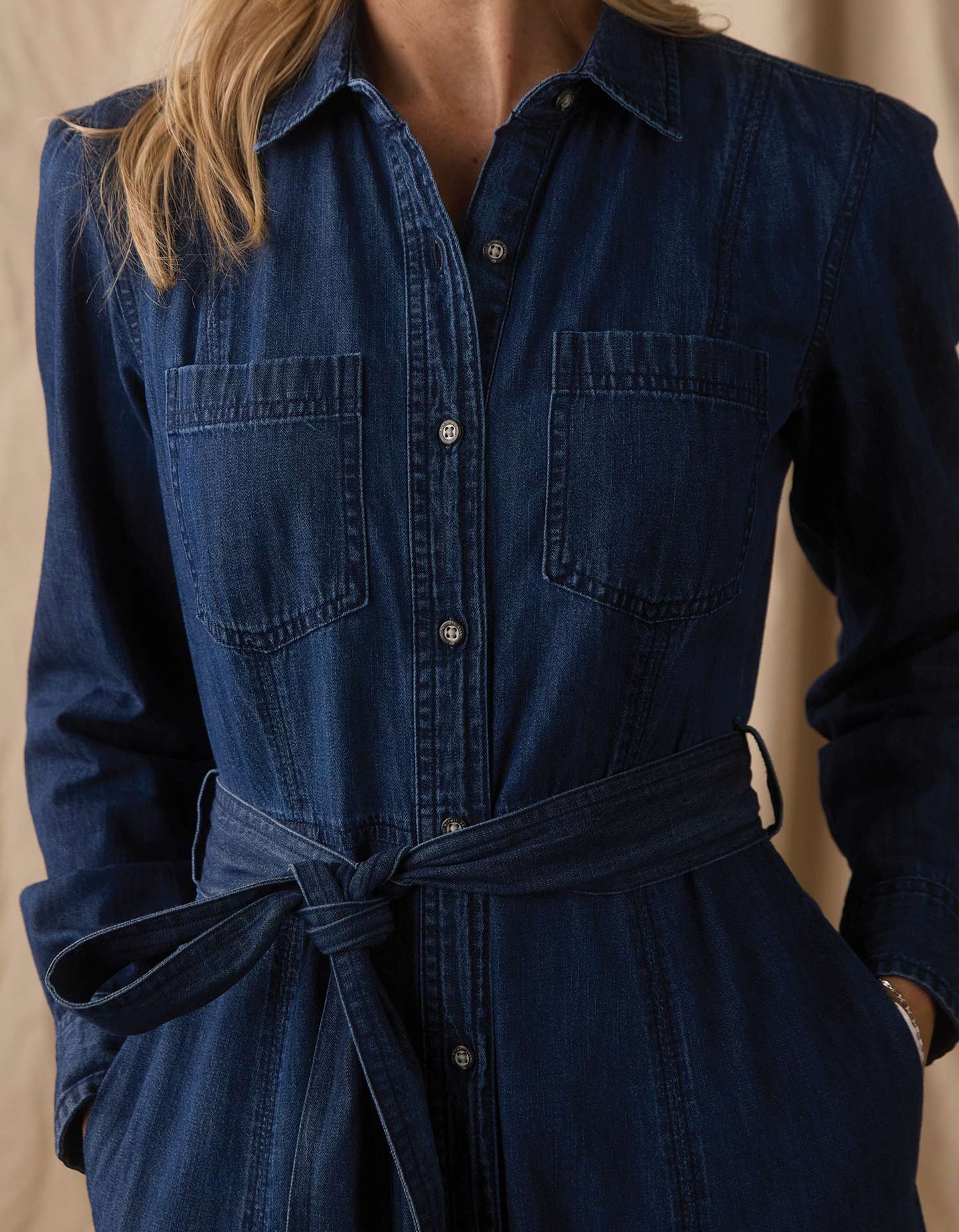 Cotton Denim Shirt Dress in Dark Wash