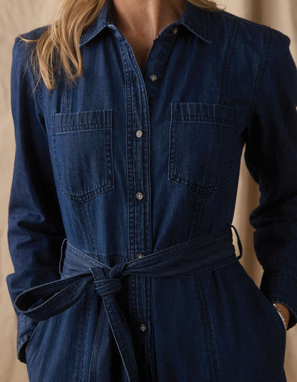 Cotton Denim Shirt Dress in Dark Wash