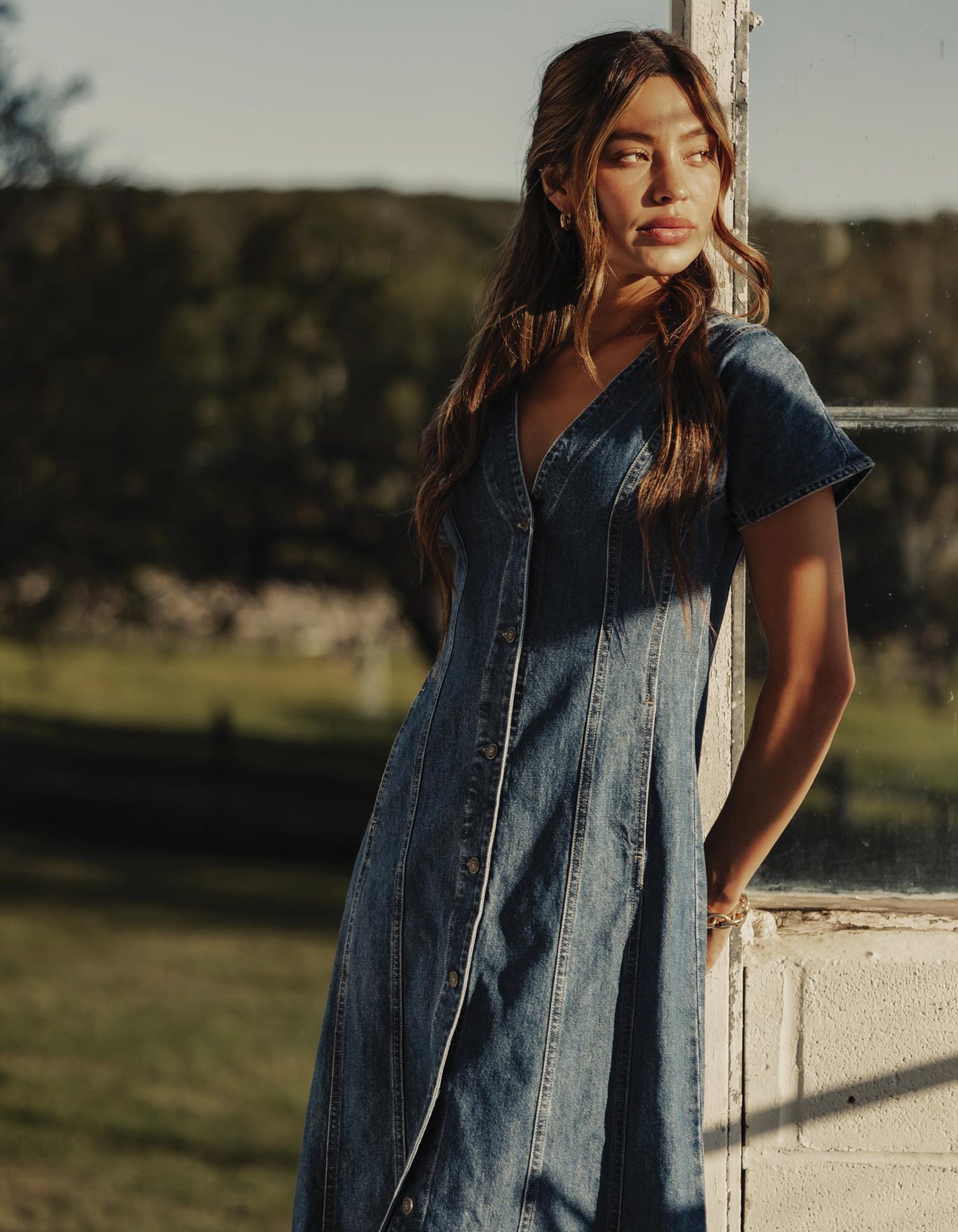 Denim Seamed Midi Dress in Medium Wash