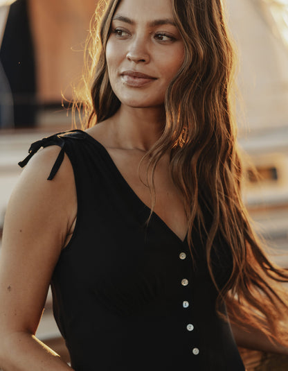 Aria Crepe Camille Button Thru Mini Dress in Black