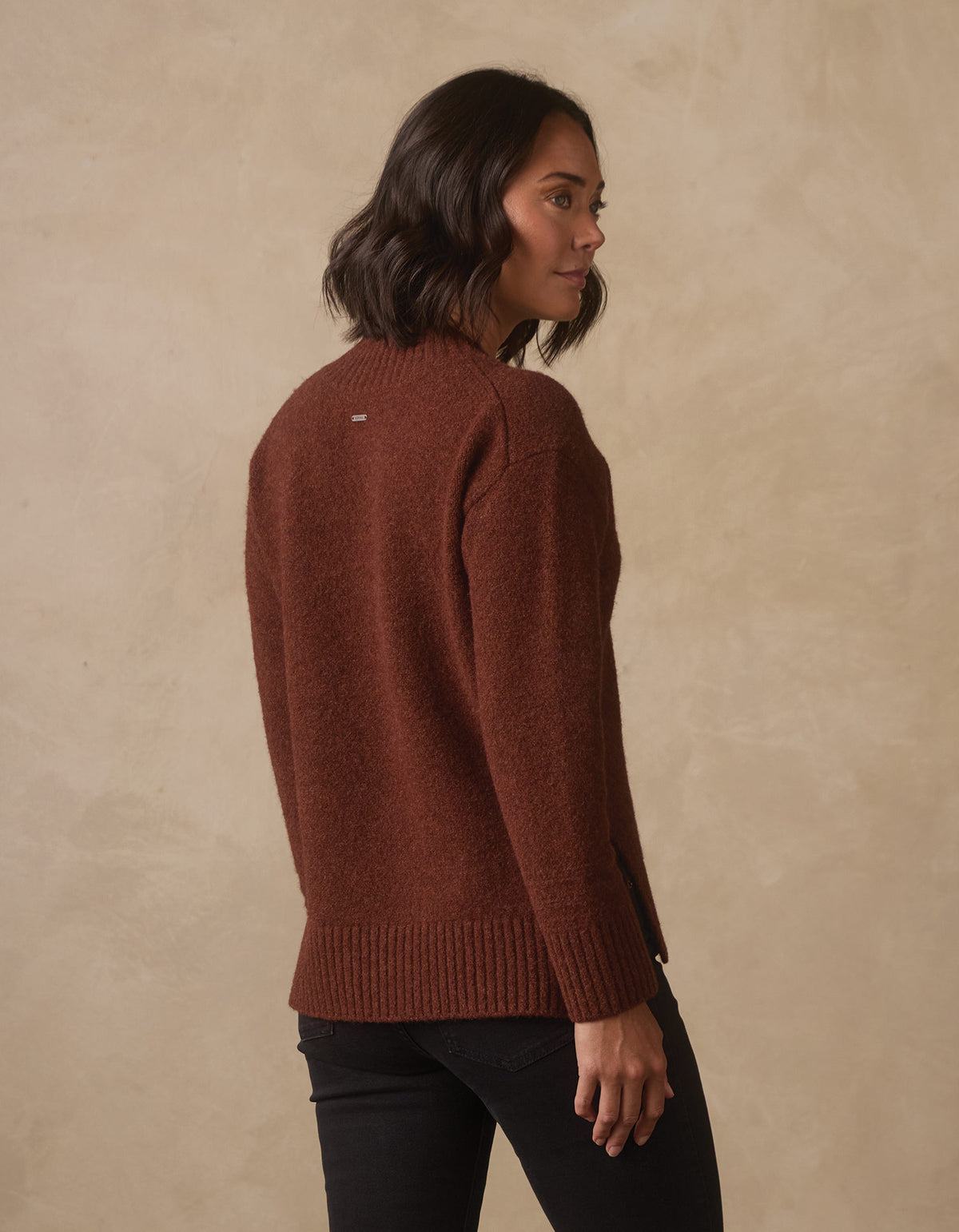 Homebound V-Neck Sweater in Spiced Brandy — back view on model