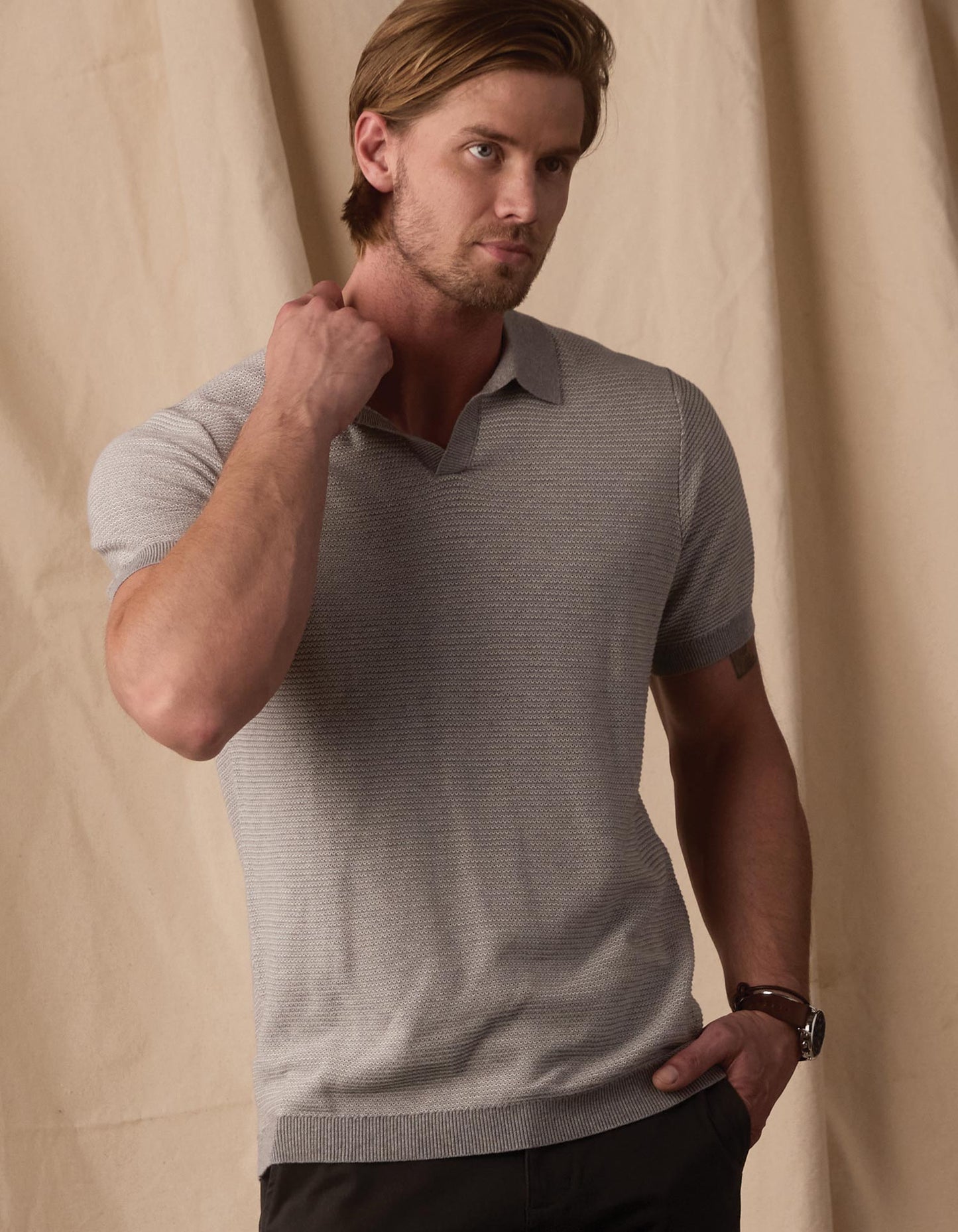 Robles Birdseye Knit Polo in Light Grey