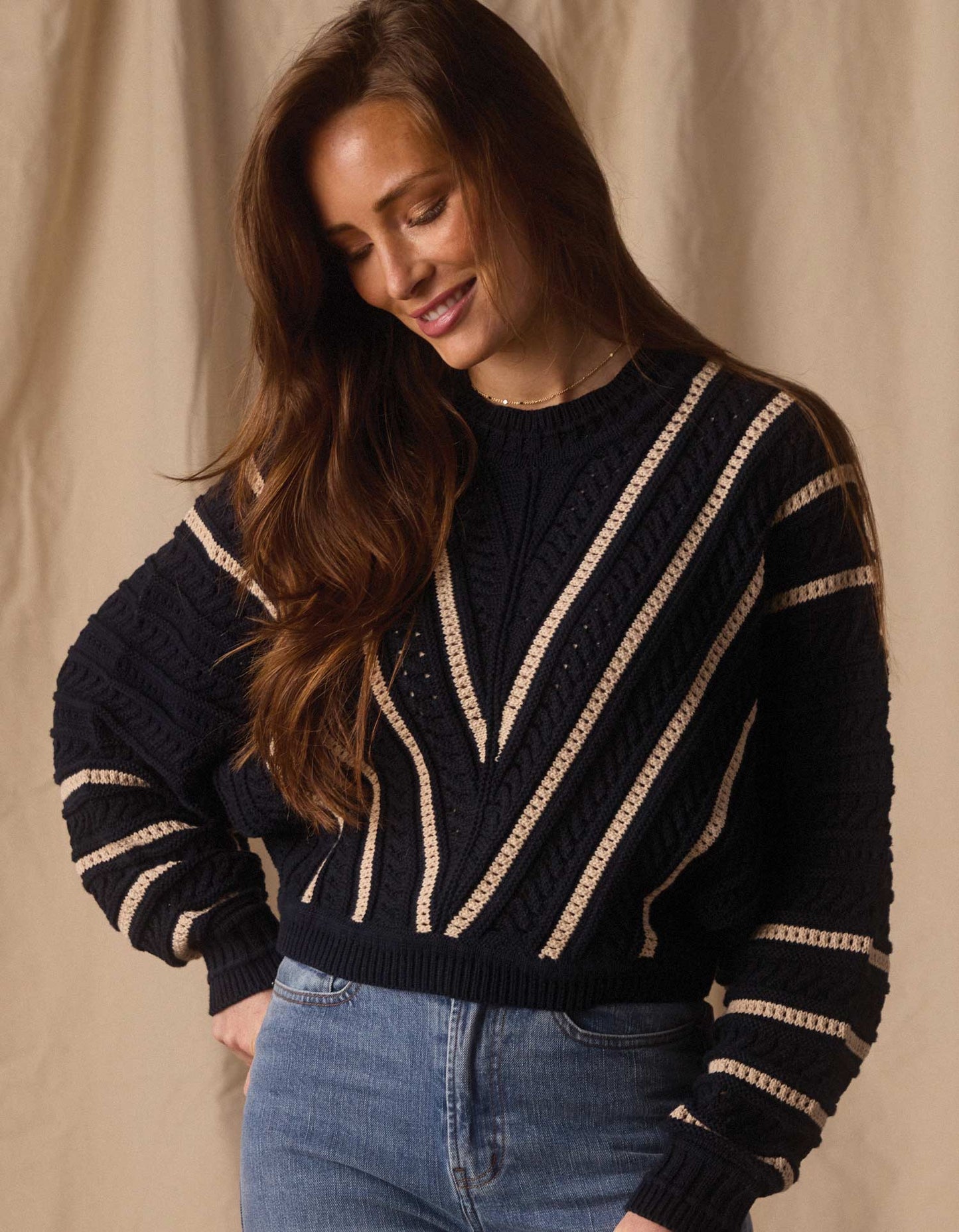 Apres Chevron Sweater in Navy/Birch Stripe