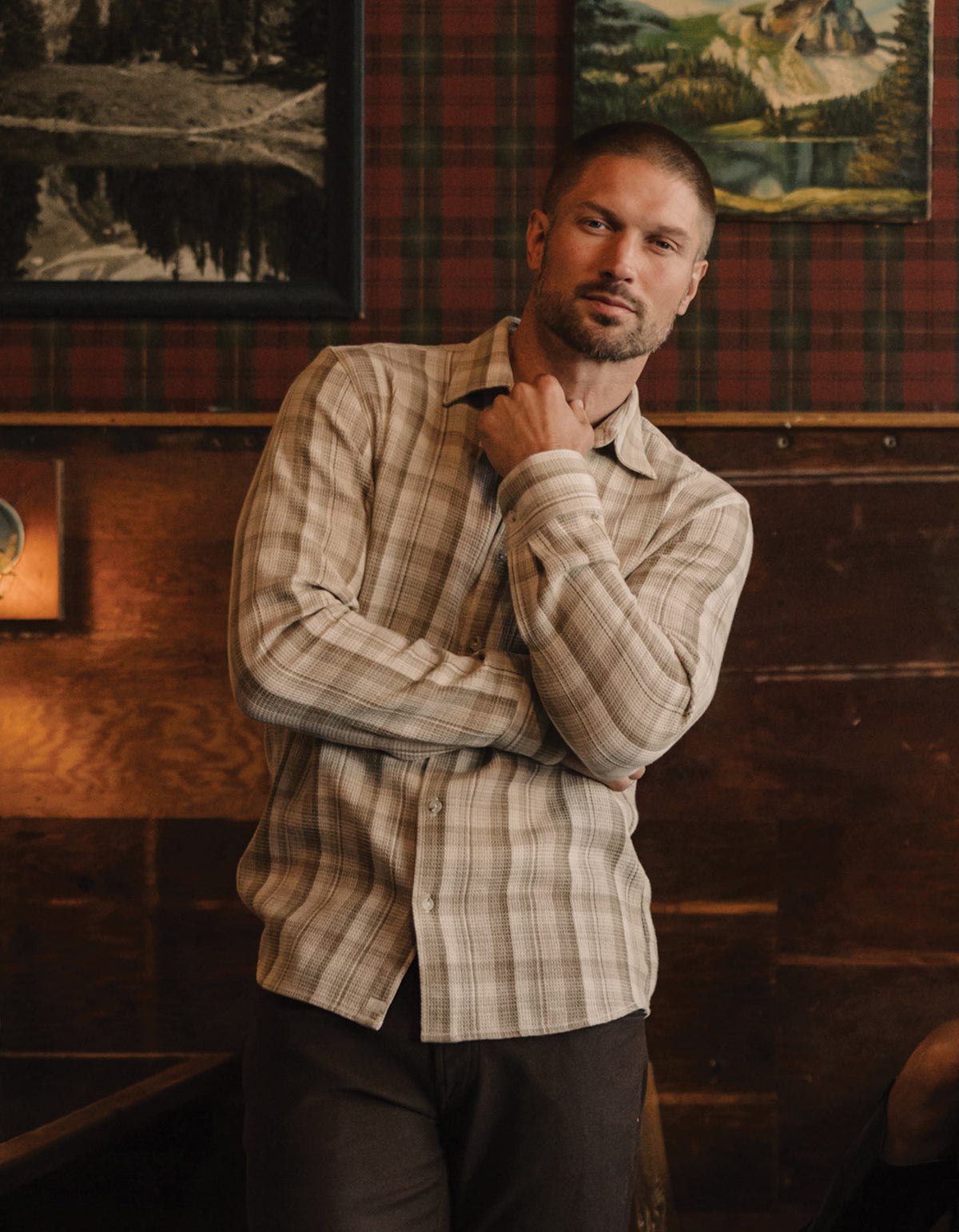 Woven Waffle Button Up in Khaki Plaid