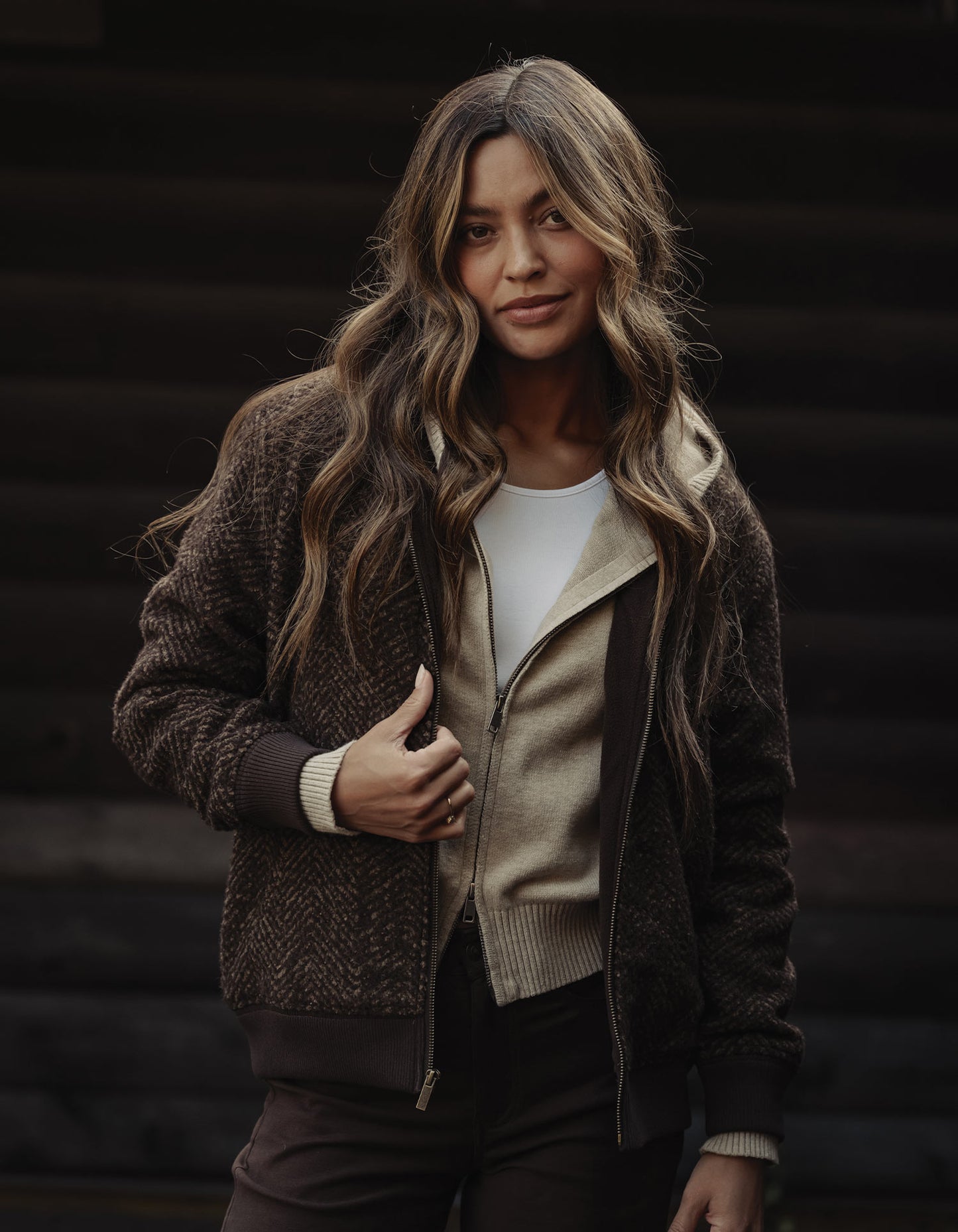 Heritage Full Zip Cardigan in Brown Herringbone