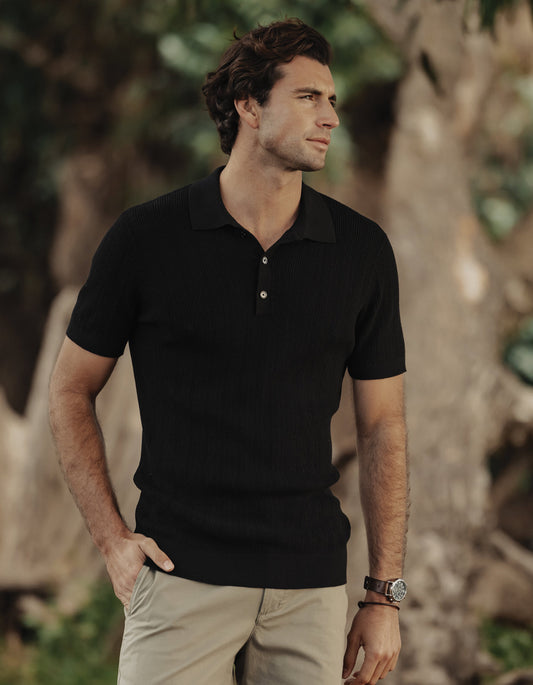 Robles Textured Knit Polo in Black