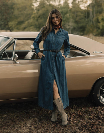 Cotton Denim Shirt Dress in Dark Wash