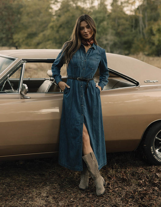 Cotton Denim Shirt Dress in Dark Wash