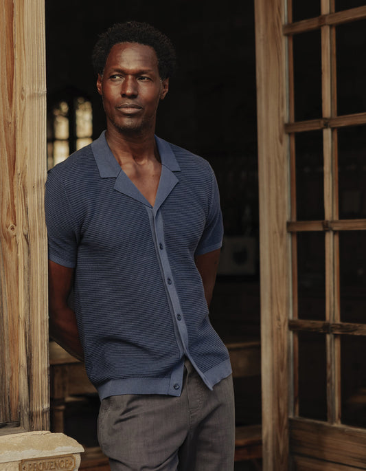 Robles Birdseye Knit Camp Button Up in Denim/Dark Navy